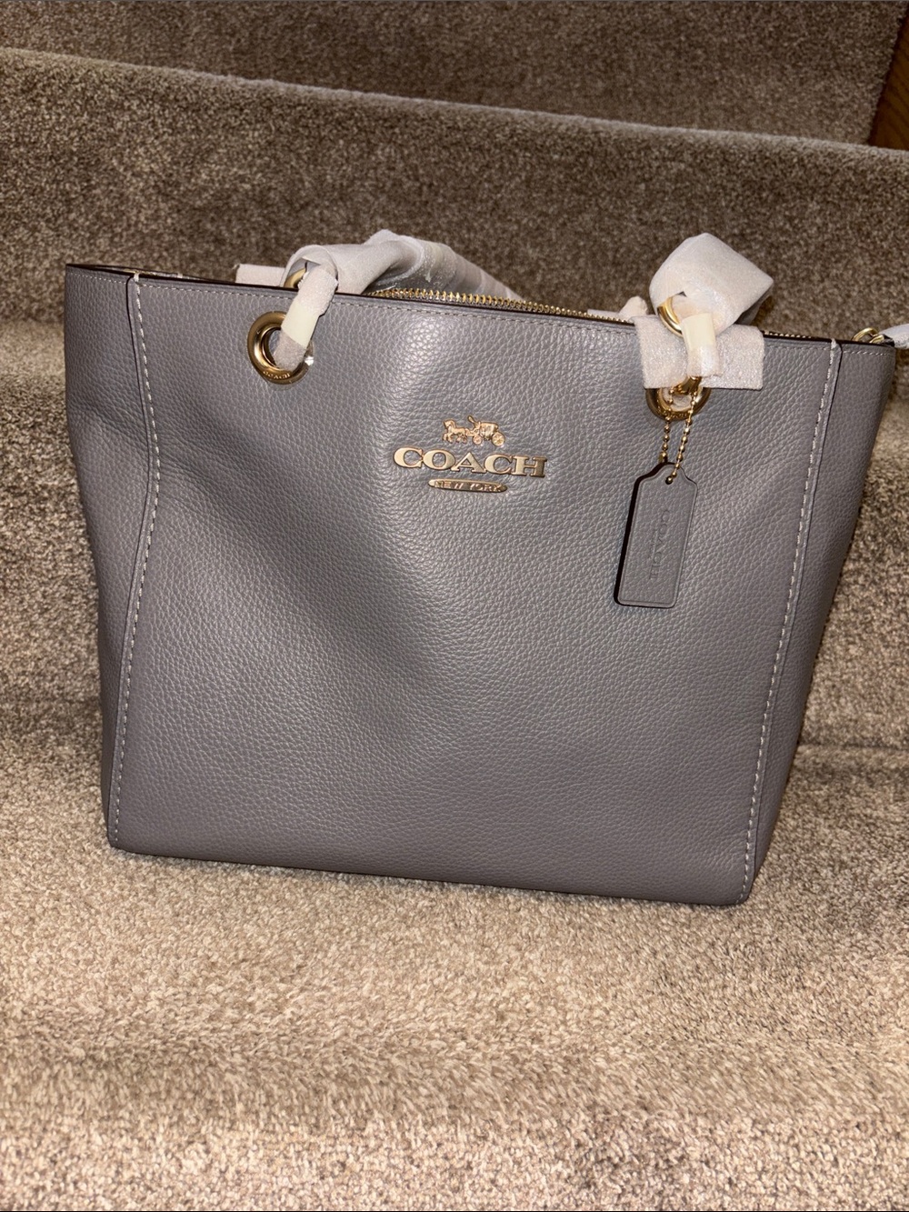 Coach Pebbled Leather Tote in Gray with Gold Hardware
